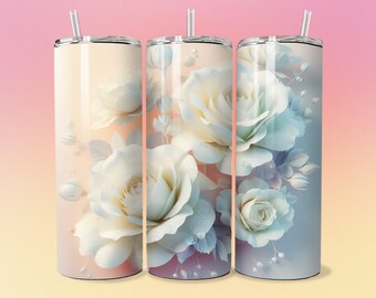 White Rose Tumbler 20oz Skinny Design Romantic Roses Tumbler Straight & Tapered Instant Download Mother's Day Gift for Her PNG Wedding