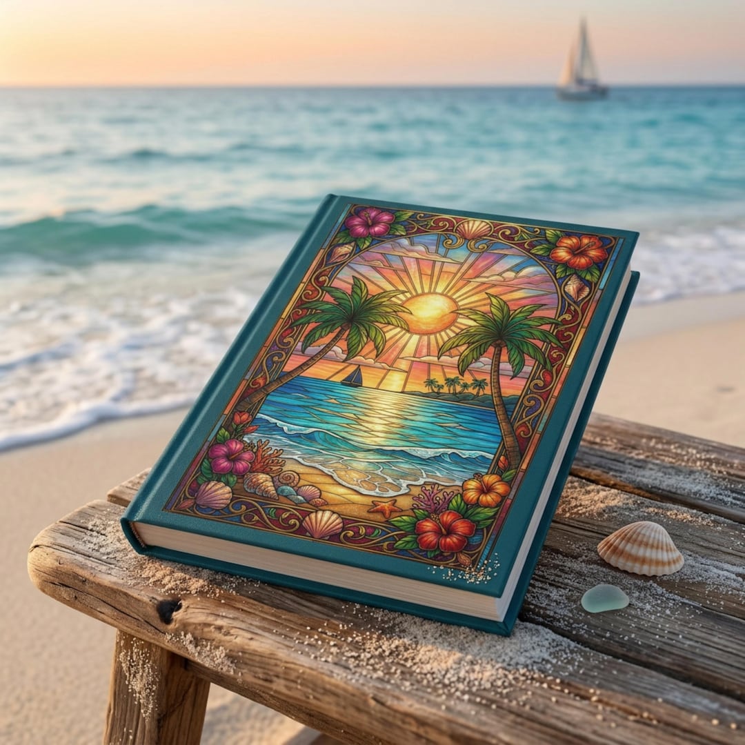 Tropical Beach Journal Stained Glass Ocean Sunset Notebook Coastal ...