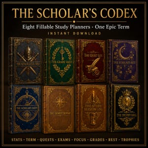 Könnte beinhalten: Die digitale Sammlung The Scholar's Codex umfasst acht verzierte Studienplaner im Lederband-Stil mit den Titeln The Boss Battle Prep, The Grade Vault, The Quest Log, The Scholar's Rest, The Scholar's Sheet, The Semester Map, The Study Session Log und The Trophy Hall.