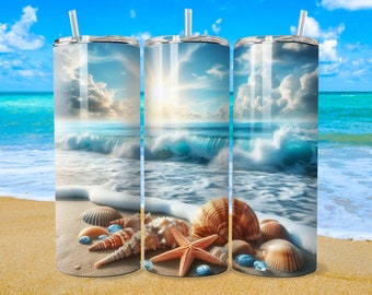 Seashells Beach Ocean 20 oz Skinny Beach Tumbler Sublimation Design, Straight & Tapered Tumbler Wrap, Instant Digital Download PNG
