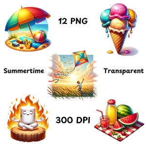 Pacote de Cliparts de Verão | 12 Imagens PNG de Piquenique na Praia e Fogueira | Imagens Divertidas de Verão | Fundo Transparente | Download Digital