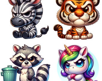 Paquete de imágenes PNG de animales gruñones y divertidos, imágenes prediseñadas de animales lindos y malhumorados, diseño de sublimación de animales de dibujos animados caprichosos, paquete de gráficos de animales peculiares