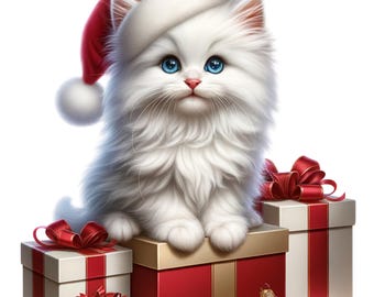 Christmas Kitten Clipart Bundle, 12 PNG Watercolor Christmas Kitten Clip Art, Kitten PNG, Cute Santa Hat Christmas Kitten, Commercial Use
