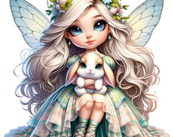 May include: A fairy with long blonde hair and blue eyes is wearing a green and white dress with a floral crown. She is holding a white and brown bunny rabbit.