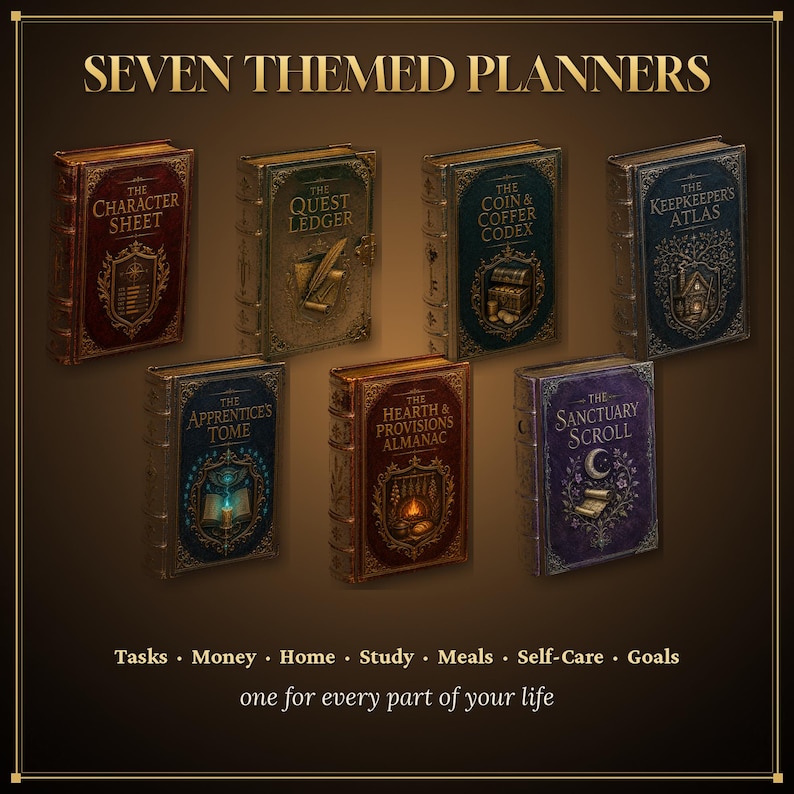 May include: Seven themed planners titled The Character Sheet, The Quest Ledger, The Coin & Coffer Codex, The Keepkeeper's Atlas, The Apprentice's Tome, The Hearth & Provisions Almanac, and The Sanctuary Scroll, with text Tasks, Money, Home, Study, Meals, Self-Care, Goals.