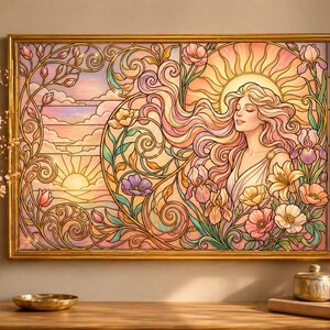 Sunrise Goddess Printable Wall Art Stained Glass Art Nouveau Pink Floral Bedroom Decor Digital Print Boho Instant Download