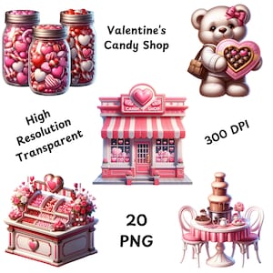 Cute Valentines Candy Shop Clipart, 20 PNG Valentines Day Watercolor Clipart, Valentines Day Bundle, Valentines Candy Heart, Commercial Use
