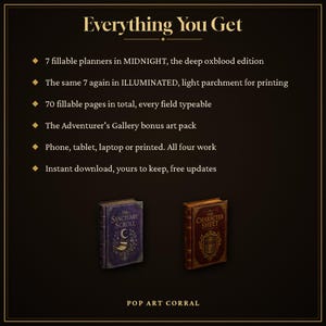 May include: A digital product listing titled Everything You Get, featuring seven fillable planners in deep oxblood and light parchment editions. Includes seventy typeable pages, an art pack, and compatibility with phones, tablets, and laptops. Two book icons labeled The Sanctuary Scroll and The Character Sheet are displayed at the bottom.