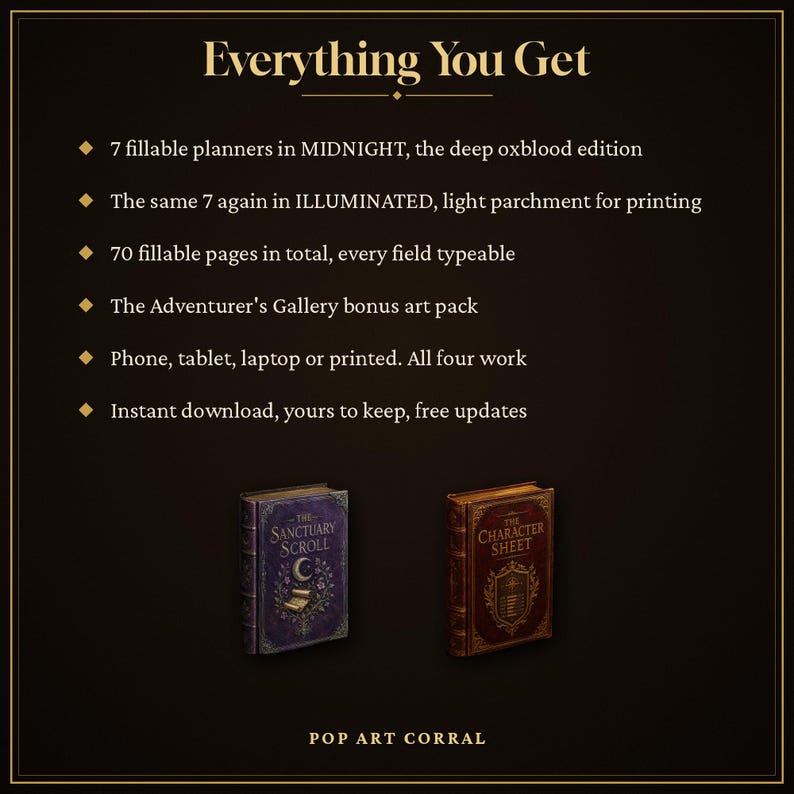 May include: A digital product listing titled Everything You Get, featuring seven fillable planners in deep oxblood and light parchment editions. Includes seventy typeable pages, an art pack, and compatibility with phones, tablets, and laptops. Two book icons labeled The Sanctuary Scroll and The Character Sheet are displayed at the bottom.