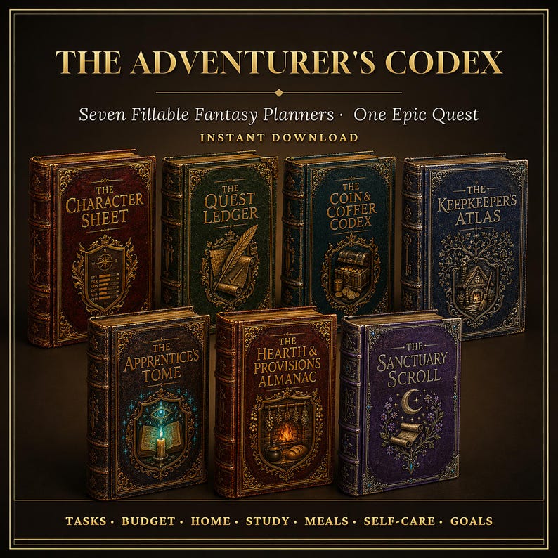 May include: Seven fantasy-themed books titled The Adventurer's Codex, including The Character Sheet, The Quest Ledger, The Coin & Coffer Codex, The Keepkeeper's Atlas, The Apprentice's Tome, The Hearth & Provisions Almanac, and The Sanctuary Scroll.