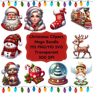 Christmas Clipart, 110 Festive Christmas Clipart Mega Bundle PNG|SVG, Card Making Shirts Mugs, Watercolor Christmas Download, Commercial Use