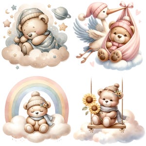 Watercolor Sleeping Teddy Bears Pink Clipart, 20 PNG Cute Teddy Bear On The Moon Clipart, Boho Teddy Bear Clipart Bundle, Commercial Use