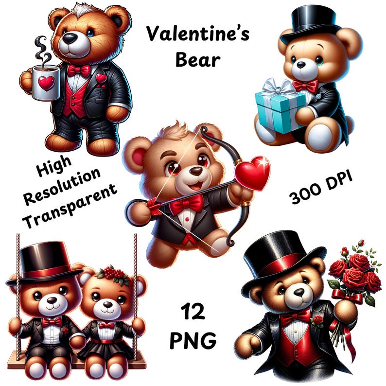 Watercolor Valentines Teddy Bear Clipart Bundle, 12 PNG Valentines Day ...