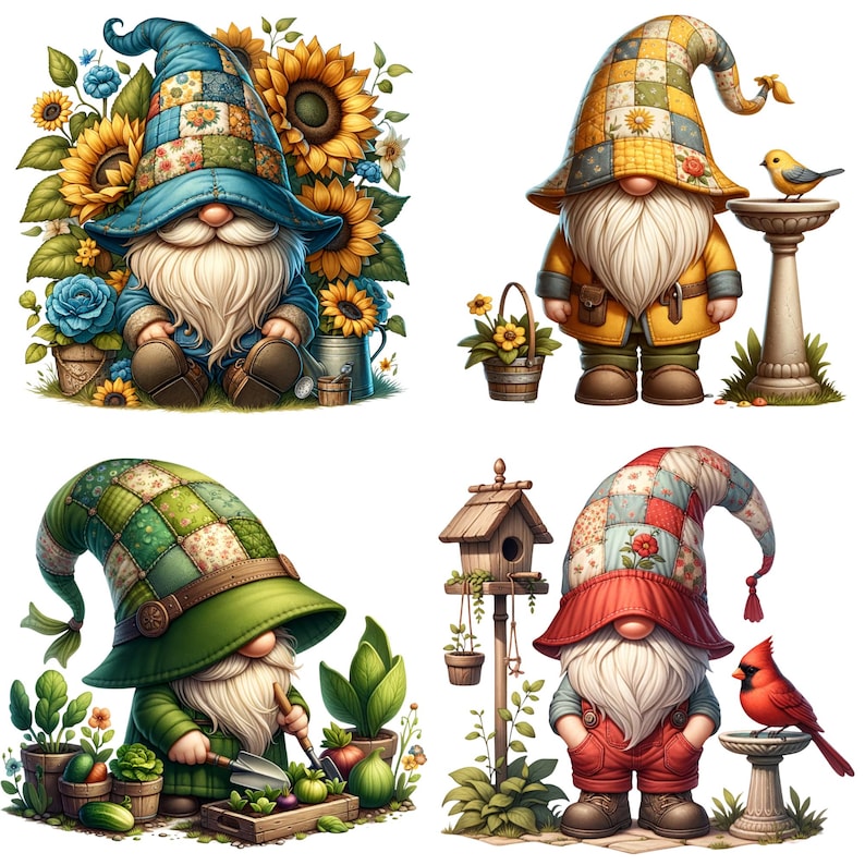 Garden Gnomes Clipart Bundle, 12 PNG Watercolor Spring Garden Clipart ...
