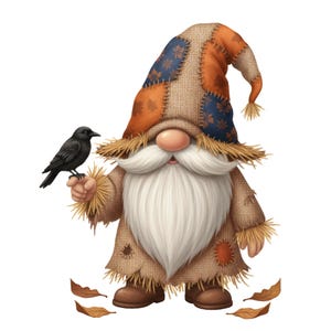 Könnte beinhalten: Eine Illustration eines Herbstgnoms mit langem weißem Bart, der einen Patchwork-Hut und -Mantel trägt. Eine schwarze Krähe sitzt auf der Hand des Gnom. Braune Blätter sind zu Füßen des Gnom verstreut und erinnern an das Thema Herbst.