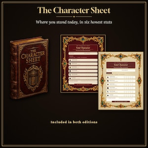 May include: A dark brown book titled The Character Sheet with a gold crest and two character sheet inserts. The inserts feature ornate gold and jewel-toned borders, fields for character details, and six stat categories with circular checkboxes.