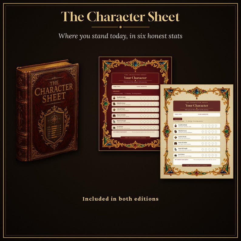 May include: A dark brown book titled The Character Sheet with a gold crest and two character sheet inserts. The inserts feature ornate gold and jewel-toned borders, fields for character details, and six stat categories with circular checkboxes.
