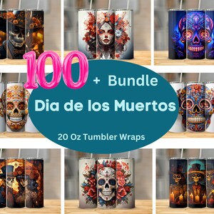 Paquete Dia de los Muertos 20oz Skinny Tumbler Sublimación Día de los Muertos Diseños 100+ Vaso recto y 100+ Vaso cónico Descargar PNG 300 DPI