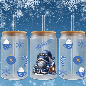 Christmas Gnome Glass Can Wrap, 16 oz Gnome Winter Glass Can PNG, UVDTF Christmas Graphic, Xmas Gonk, Christmas Gonk png, Blue Christmas png