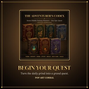 May include: The Adventurer's Codex set of seven fillable fantasy planners including The Character Sheet, The Quest Ledger, The Coin & Coffer Codex, The Keepkeeper's Atlas, The Apprentice's Tome, The Hearth & Provisions Almanac, and The Sanctuary Scroll.