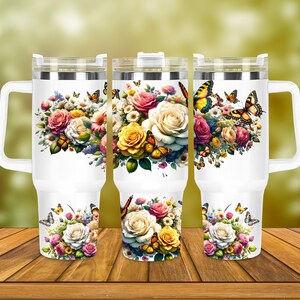 Boho Flowers 40 oz Tumbler Wrap, Butterfly 40 oz Tumbler PNG, Floral 40oz Sublimation Tumbler Design, 40oz Tumbler Template, Vintage Floral