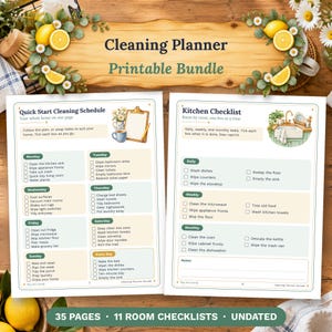 May include: A printable cleaning planner bundle featuring two pages with checklists. The left page is a Quick Start Cleaning Schedule for the week, and the right page is a Kitchen Checklist. Both pages include checkboxes and text.