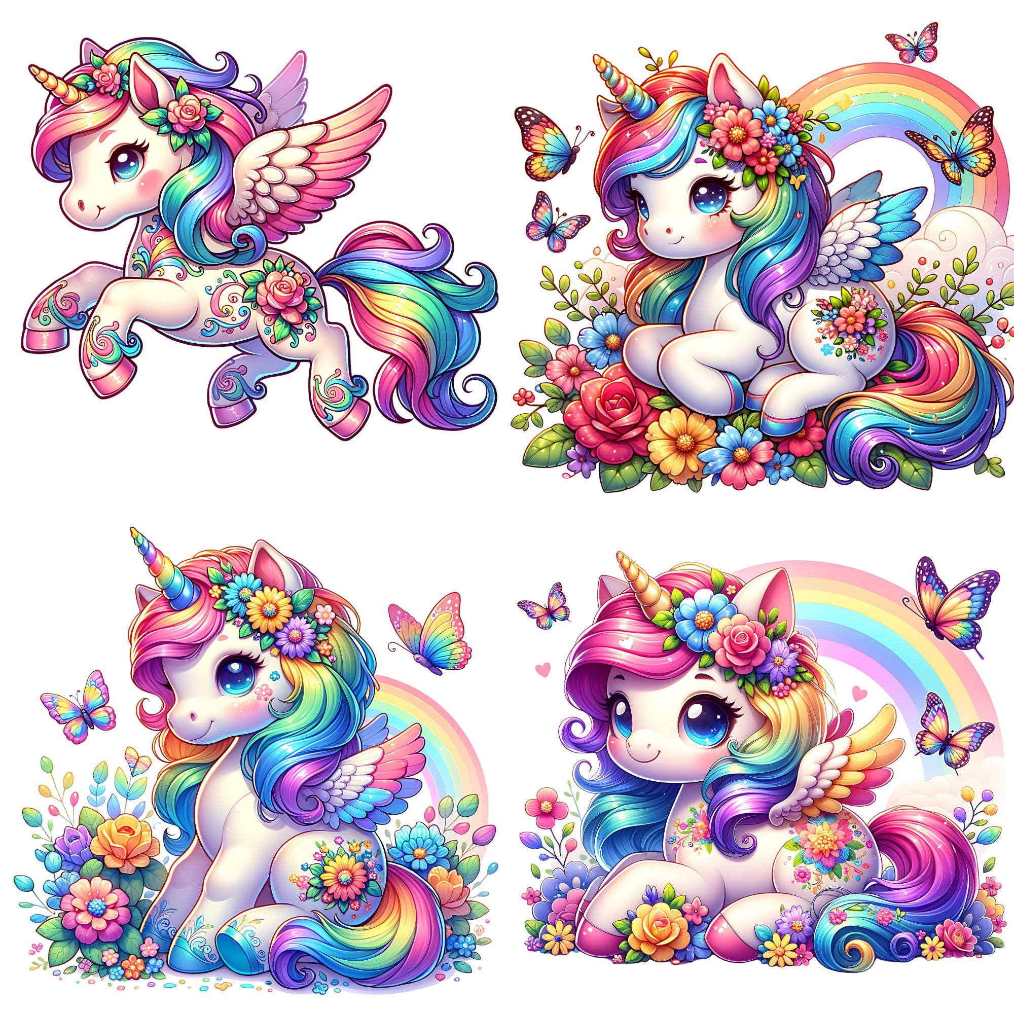 Watercolor Baby Unicorn 24 PNG Clipart Bundle, Unicorn Clipart, Rainbow ...