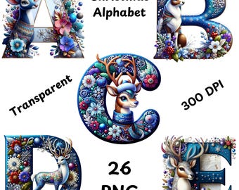 Christmas Alphabet PNG 26 Christmas Letters Clipart Reindeer Alphabet PNG Festive Christmas Font Doodle Reindeer Font Clipart Cards, Shirts