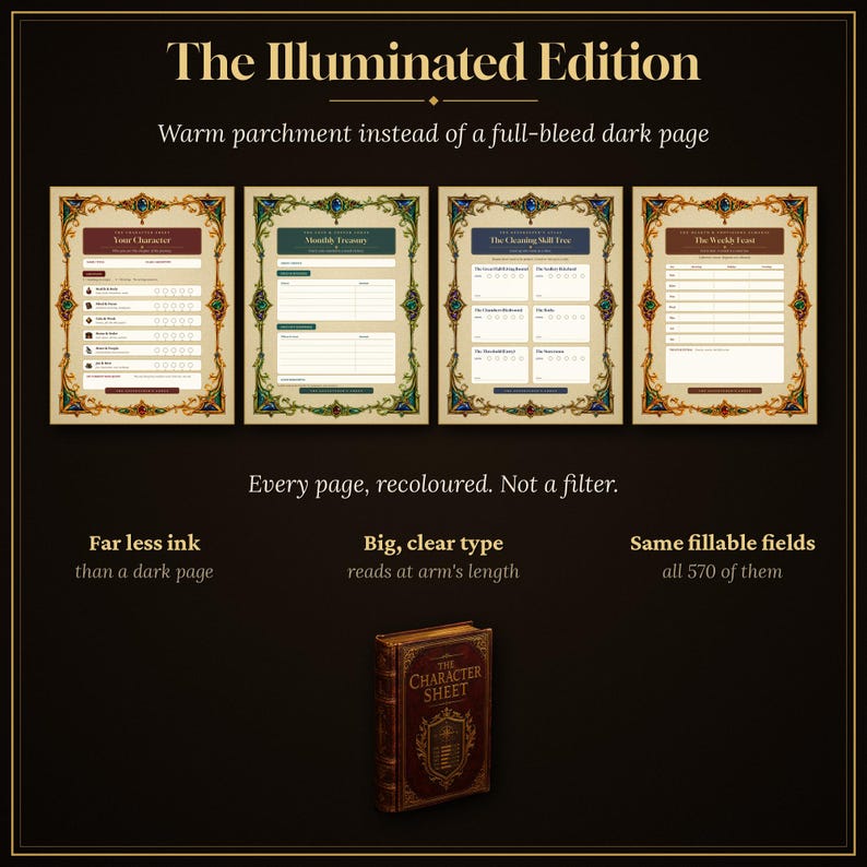 May include: The Illuminated Edition character sheet set features four pages with warm parchment backgrounds and ornate, colorful borders. A brown book titled The Character Sheet is displayed below. Text highlights include far less ink, big clear type, and 570 fillable fields for character tracking.