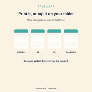 Peut inclure: Un graphique de planificateur num&eacute;rique avec le texte CALM HOME, Print it, or tap it on your tablet, Three sizes, ready for paper or GoodNotes, et One calm system, however you like to use it. Quatre ic&ocirc;nes repr&eacute;sentent US Letter, A4, A5 et GoodNotes.