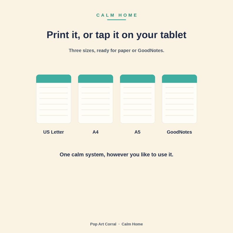 Peut inclure: Un graphique de planificateur num&eacute;rique avec le texte CALM HOME, Print it, or tap it on your tablet, Three sizes, ready for paper or GoodNotes, et One calm system, however you like to use it. Quatre ic&ocirc;nes repr&eacute;sentent US Letter, A4, A5 et GoodNotes.