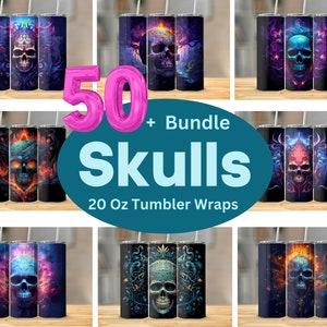 Skull Tumbler Wrap Bundle 20 oz Tumbler Sublimation Designs 50+ Watercolor 3D Tumbler Wrap Skull and Roses Straight & Tapered Tumbler PNG