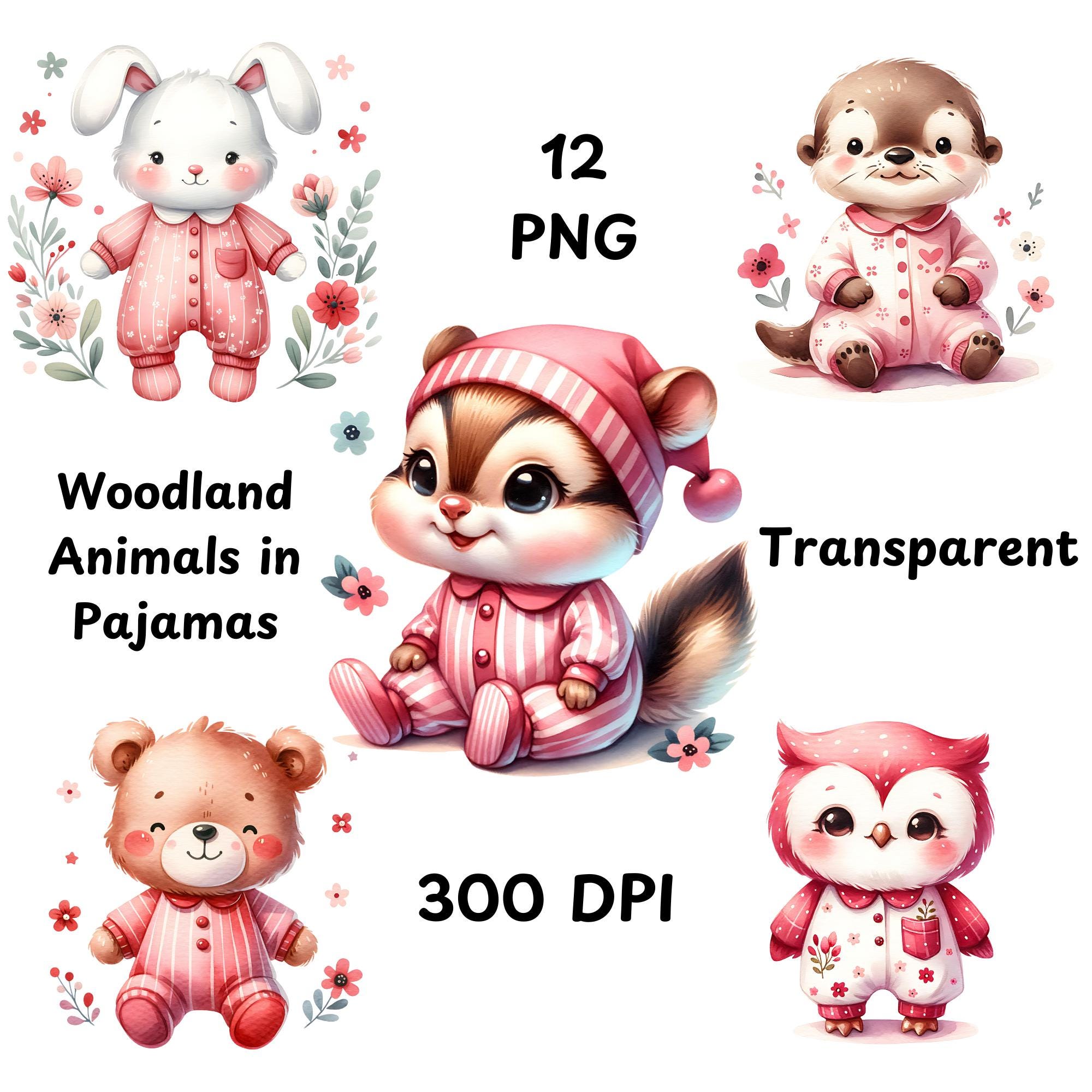 Woodland Animals in Pajamas Clipart 12 Watercolor, Cute Creature ...