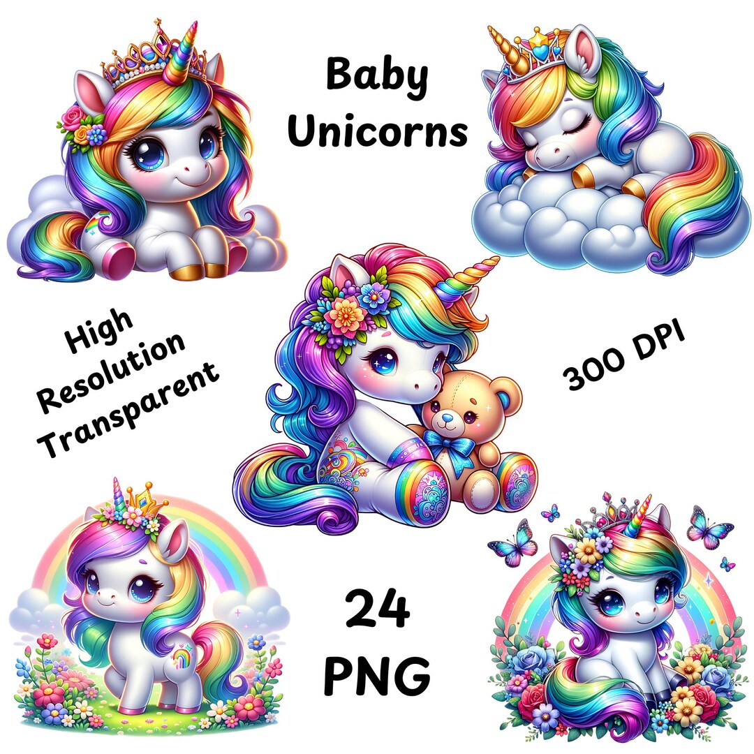 Watercolor Baby Unicorn Clipart Bundle, 24 PNG Unicorn Clipart, Rainbow ...