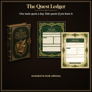 May include: A dark green book titled The Quest Ledger with gold embossed details, featuring a quill and scroll graphic. Two matching planner pages are displayed, one with a dark green background and one with a cream background, both featuring ornate borders.