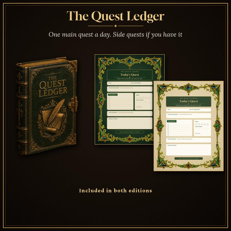 May include: A dark green book titled The Quest Ledger with gold embossed details, featuring a quill and scroll graphic. Two matching planner pages are displayed, one with a dark green background and one with a cream background, both featuring ornate borders.