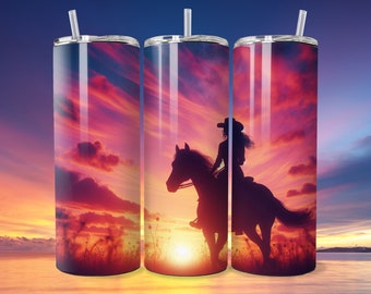 Cowgirl Tumbler Wrap 20 Unzen Skinny Tumbler Sublimation Design PNG, Rustikale Country Girl Western Tumbler Wrap Cowgirl auf einer Pferdesilhouette