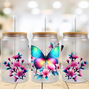 Neon Butterfly Cherry Blossom UVDTF 16 oz Glass Can Tumbler Sublimation Design Digital Download png, Libbey Glass Jar Wrap