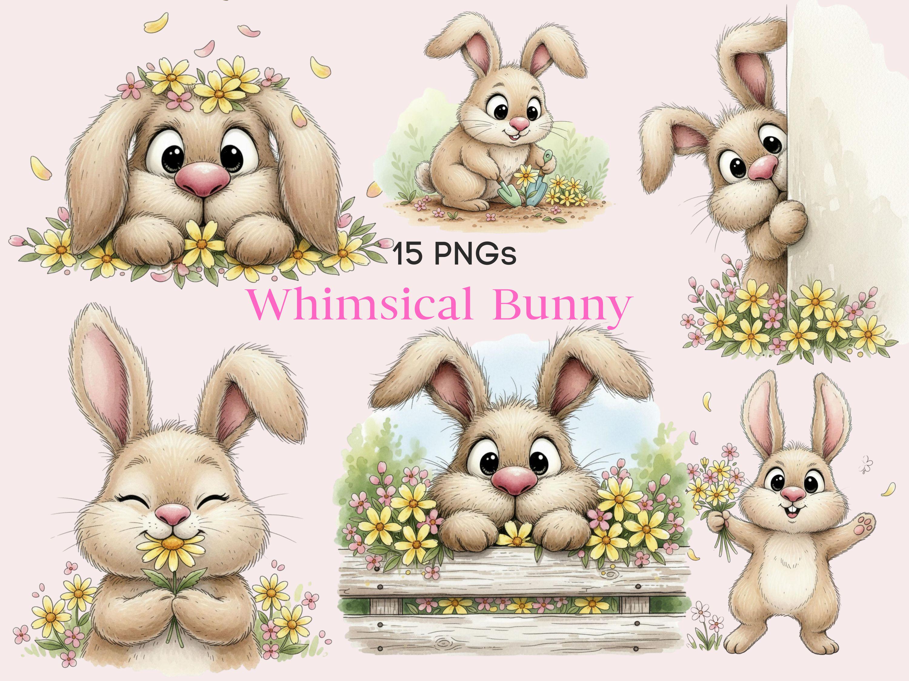 Whimsical Bunny Clipart Bundle PNG Cute Easter Bunny With Flowers ...