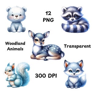 Woodland Animals Clipart 12 Watercolor, Cute Creature Clipart Set, Nursery Clipart Transparent PNGs, Fox, Bear, Deer Sublimation Design