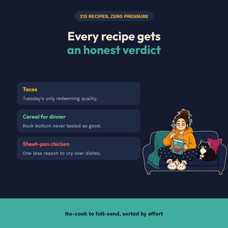 以下が含まれることがあります： 213 RECIPES, ZERO PRESSURE, Every recipe gets an honest verdictというテキストと、Tacos、Cereal for dinner、Sheet-pan chickenの3つのカテゴリーが記載された濃紺のグラフィック。ソファで猫と一緒にシリアルを食べている人物のイラスト。