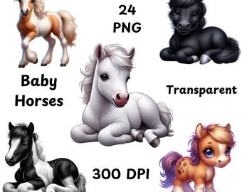 赤ちゃん馬のクリップアート バンドル、24 頭の愛らしい赤ちゃん馬、赤ちゃん動物、西部のクリップアート、農場の動物 PNG、かわいい馬の水彩画デジタル ダウンロード