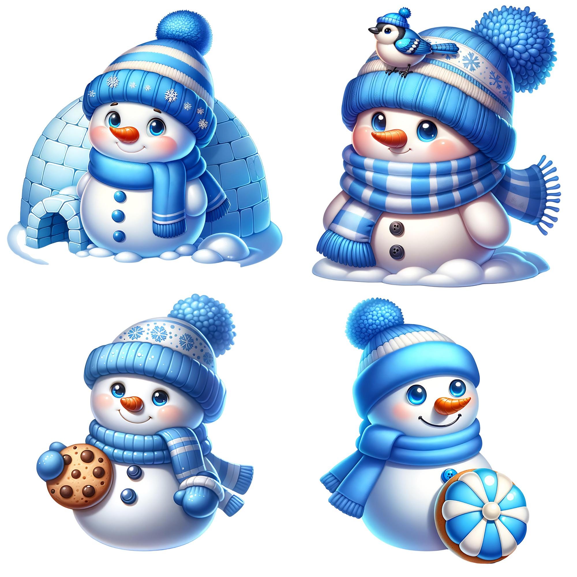 Watercolor Blue Snowman Clipart Bundle, 24 PNG Festive Snowman Clipart ...