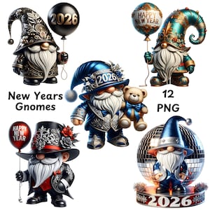 New Year 2026 Gnomes Clipart PNG Bundle | Cute Holiday Gnomes with Balloons Disco Hats & Fireworks | Sublimation PNG 12 Images image 2