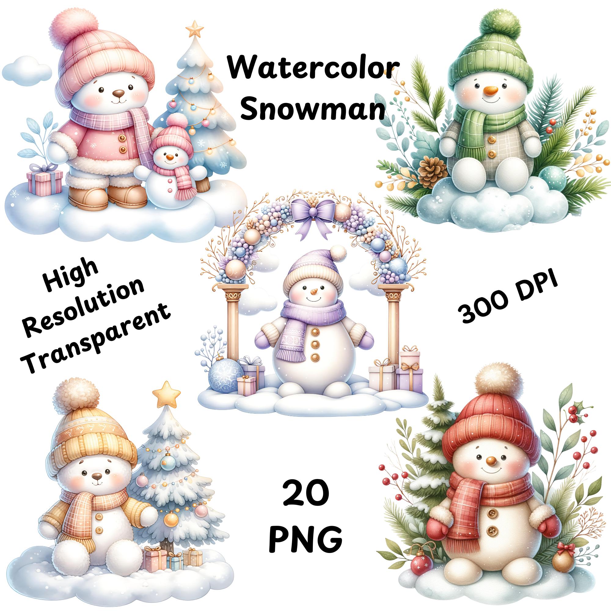 Watercolor Snowman Clipart Bundle, 20 PNG Cute Snowman Clipart ...