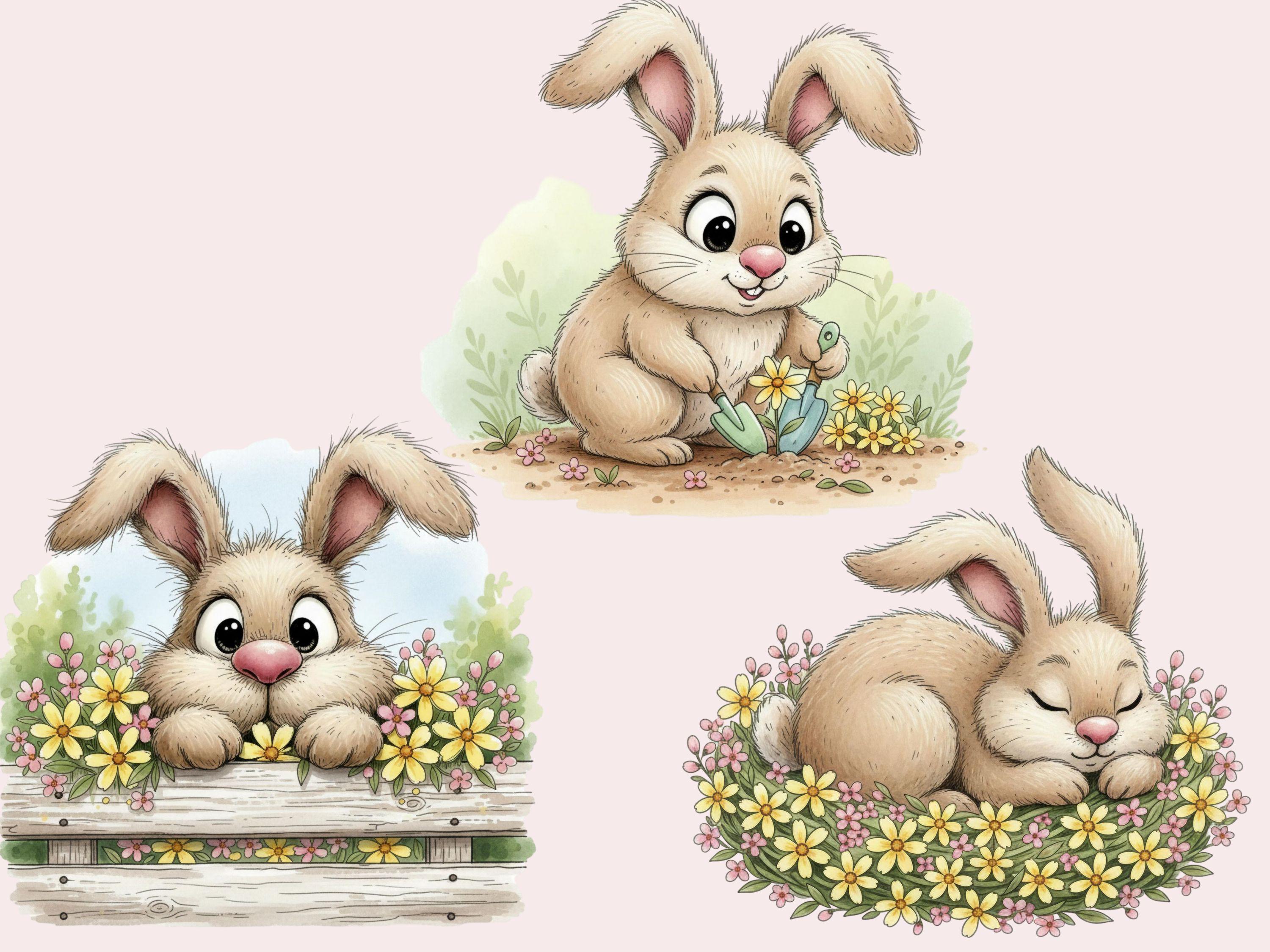Whimsical Bunny Clipart Bundle PNG Cute Easter Bunny With Flowers ...