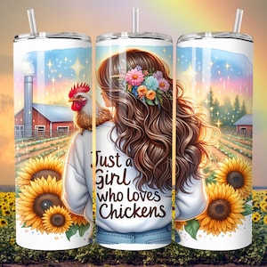 Just A Girl Who Loves Chickens Tumbler Wrap, 20oz Skinny Sublimation Tumbler Design, Farm Sunflower Chicken Lover Tumbler Wrap Design