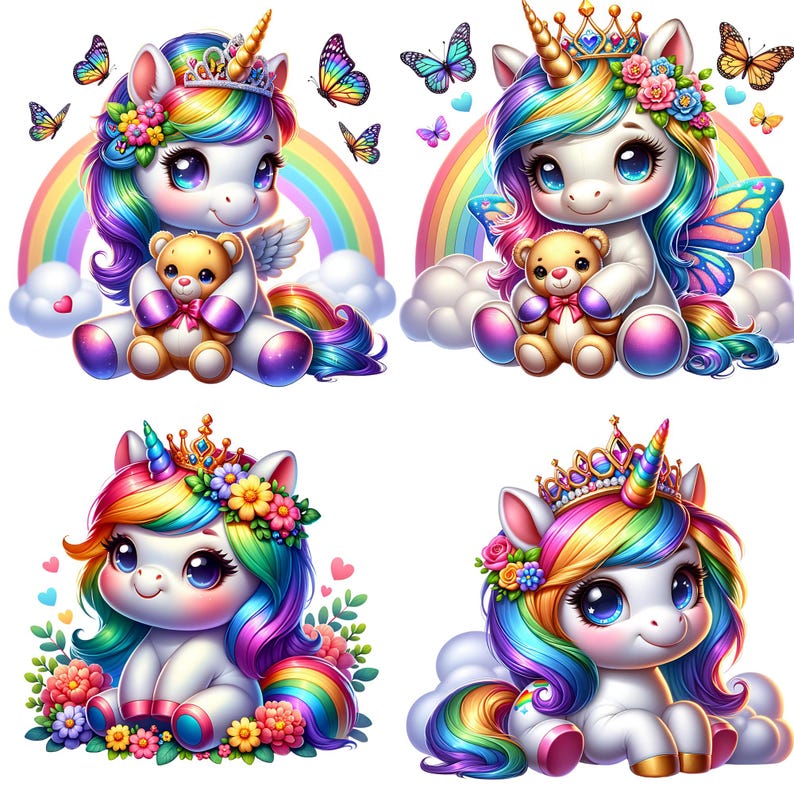 Watercolor Baby Unicorn 24 PNG Clipart Bundle, Unicorn Clipart, Rainbow ...