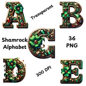 St Patrick&#39;s Day Alphabet PNG, Shamrock Letters, St Patricks Day Art, Shamrock, St Patricks Day Sublimation Bundle, Junk Journal, Alpha Pack