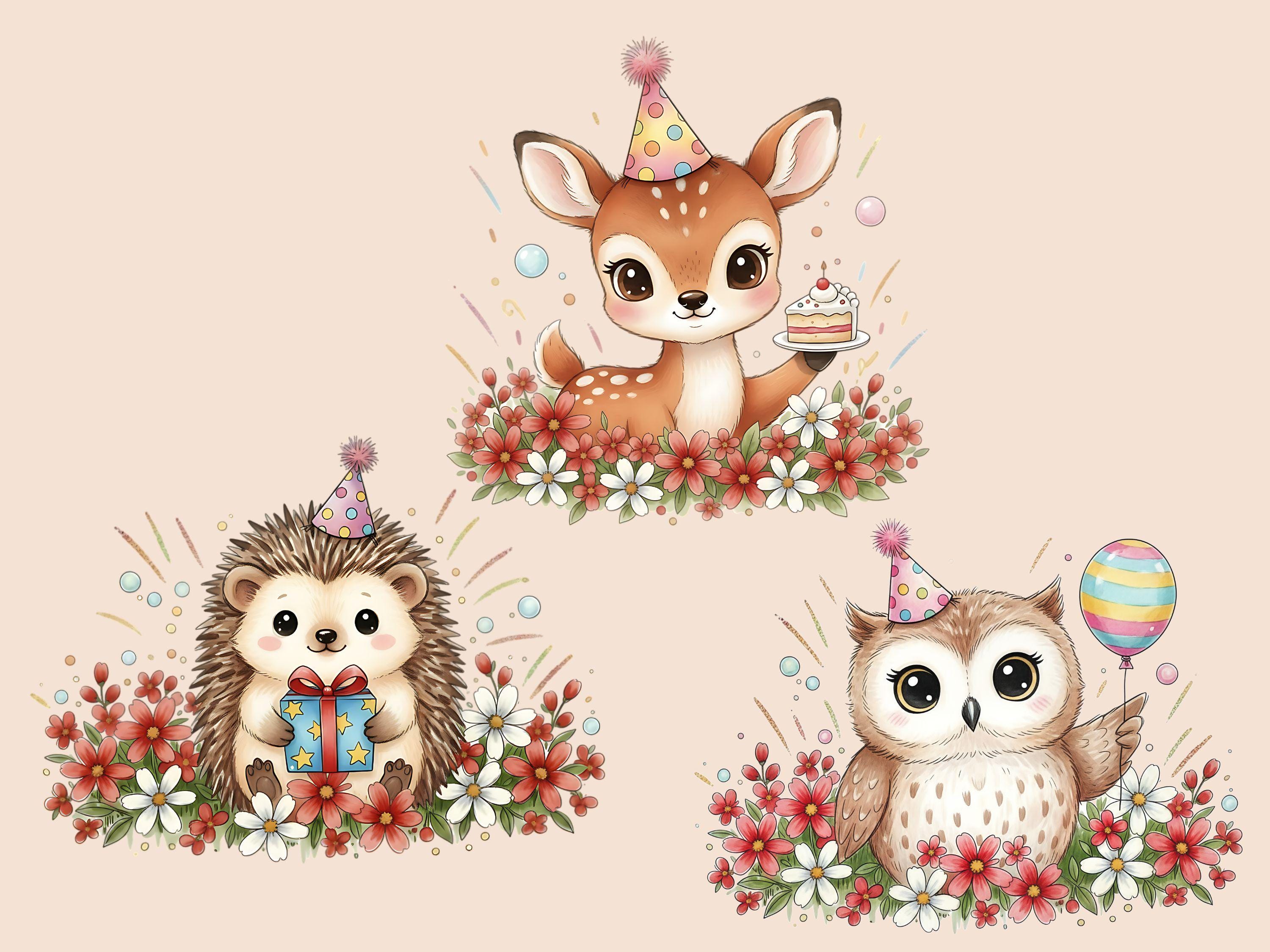 Cute Birthday Animal Clipart Bundle PNG Woodland Party Animals Birthday ...